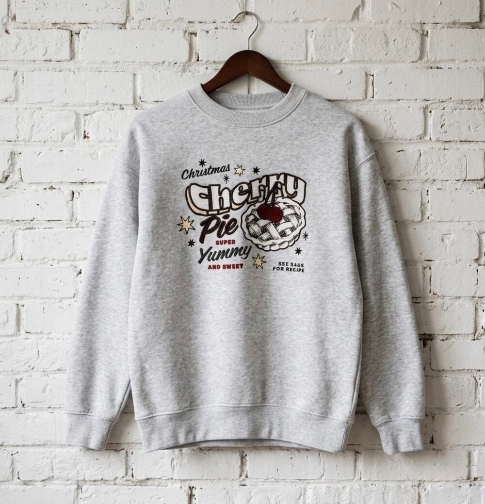 Cotton On Christmas Cherry Pie Fleece Pullover Heather Gray novelty Sweatshirt